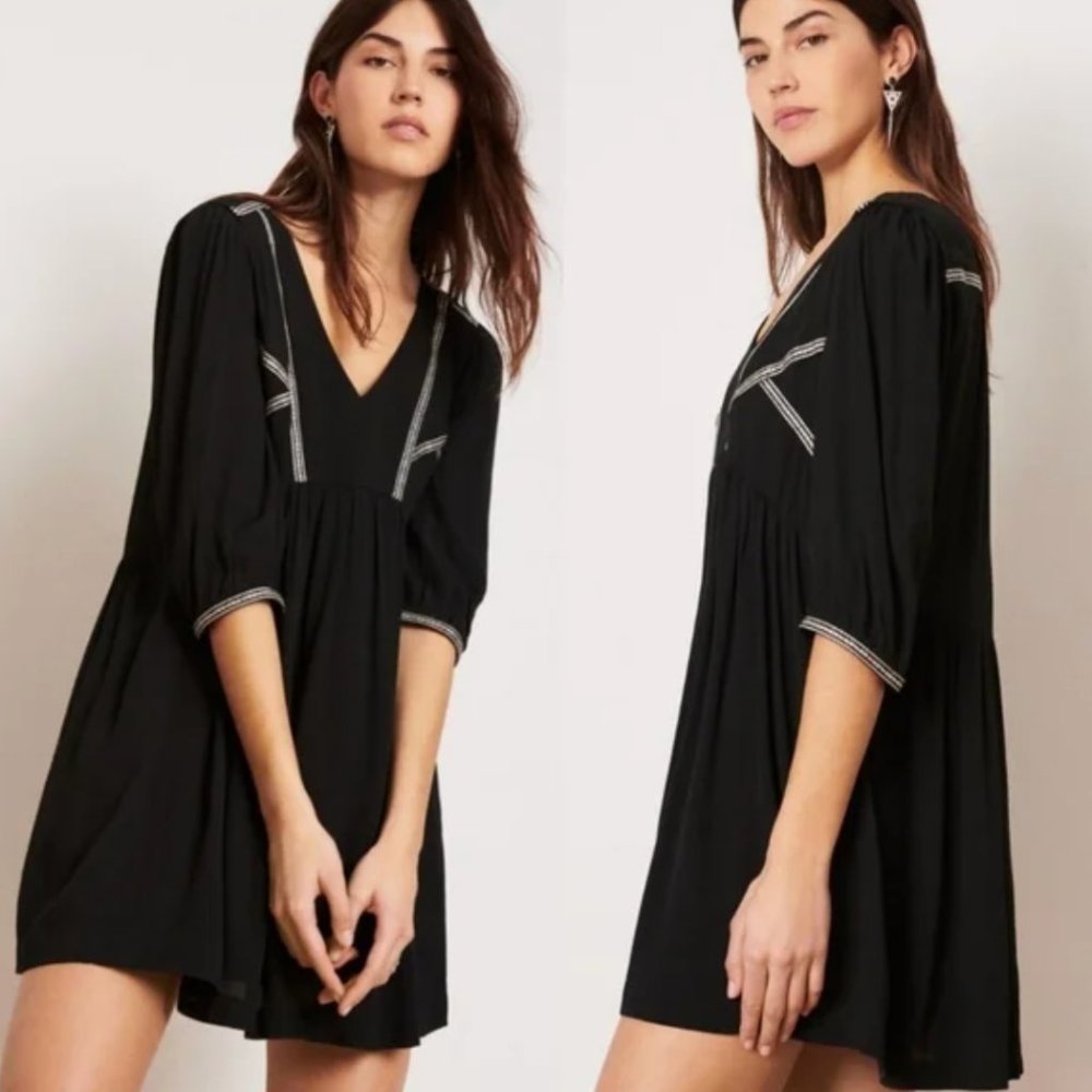 ba&sh Alma Embroidered 3/4 Sleeve Mini Swing Dress in Black and White